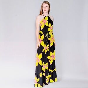 Maaji Black Neon Floral Halter Neck Backless Maxi Dress Resort Beach Women’s S